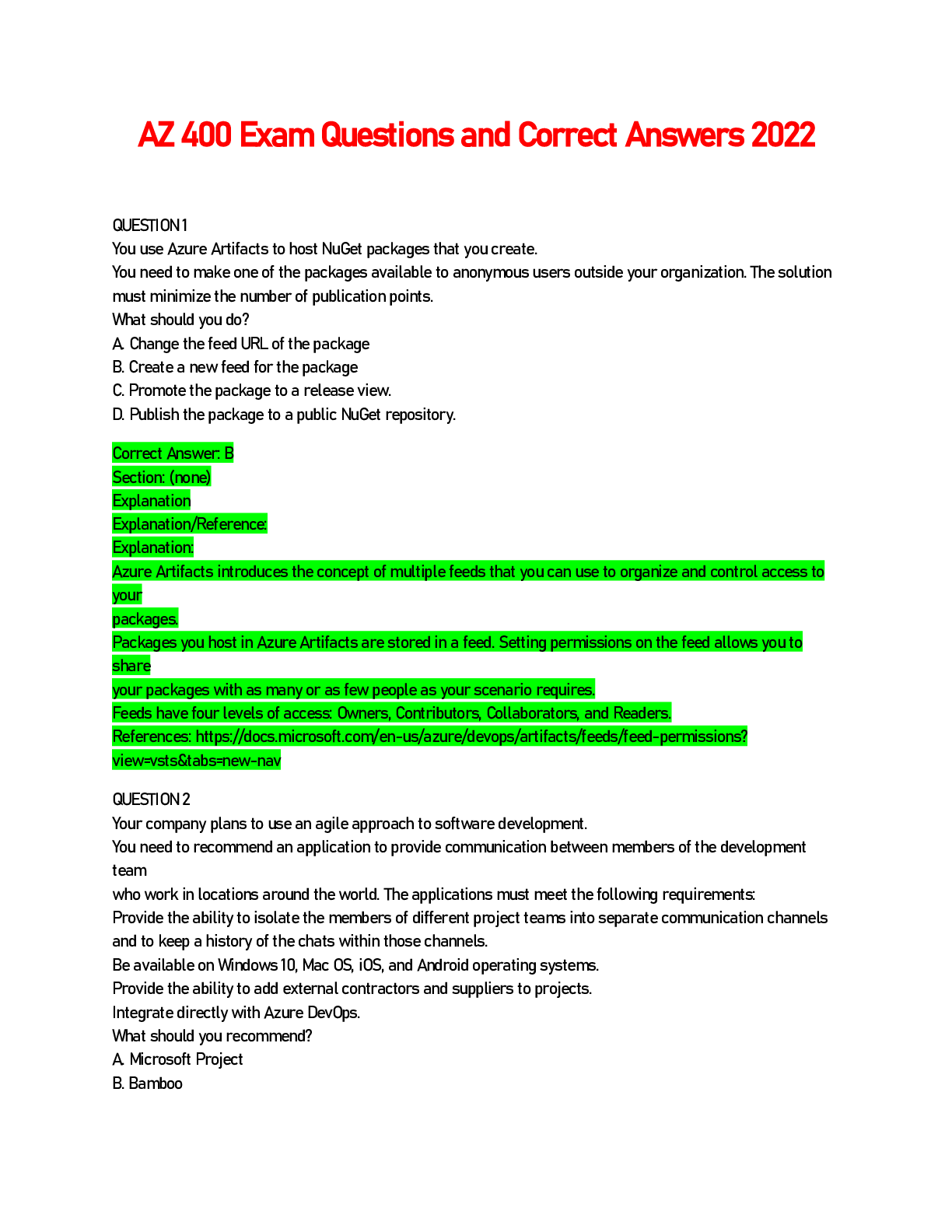 Preview image for AZ 400 Exam Questions and Correct Answers 2022